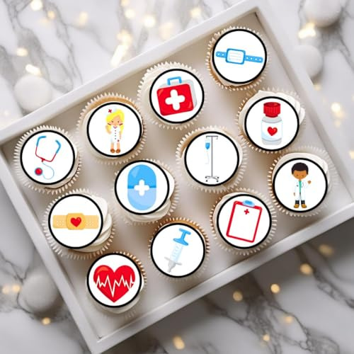 Nurse Edible Cupcake Toppers Mix #5, Hospital Cake Decorations, Doctor Graduation Party Wafer Topper, 24 x 1.5 Inch 4cm (PRECUT)