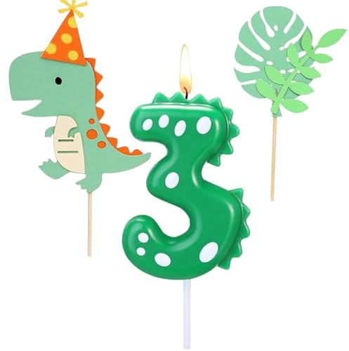 BOBOZHONG Dino Geburtstagskerzen,Geburtstagskerzen Zahlen,Dinosaurier Kerzen Geburtstag 3,Kerzen Zahlen,mit 2 Stück Cake Topper,für Alle Geburtstag Zubehör Dinosaurier Thema Party Kuchen