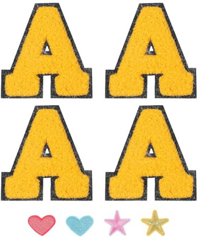 PATIKIL Iron On Letter Patch, 4 Pack 7cm Iron-on Chenille Letter Patches Alphabet Stickers for Team Costume Decoration Clothes Hat Jeans Bag DIY, Yellow, A