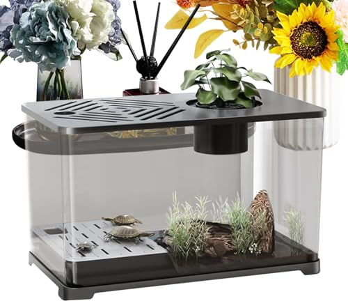Dayysiuy Fischbecken, Großes Desktop Aquarium, Moderner Panorama-Behälter Mit Schildkröten-Ruhebereich Für Guppy Kampffisch Qualle Garnele Wohnung Büro