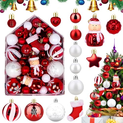 weihnachtskugeln weiß rot, 72 Stück Weihnachtsbaum Kugeln weiß rot, Weihnachtskugeln Kunststoff Set, Kugeln Weihnachtsbaum, Christmas Baubles für Weihnachten Party Dekoration