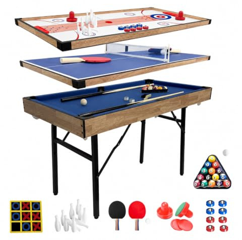 6 in 1 Multi spieltisch, klappbarer Billardtisch, Billard, Hockey, Tischtennis, Bowling, Shuffleboard und Tic Tac Toe mit sämtlichem Zubehör (4 ft)
