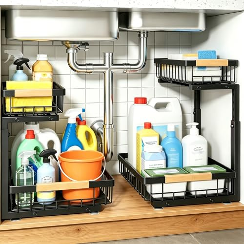 Nikphobos Under Sink Storage Organiser - 2 Tier Metal Pull Out Under Sink Storage Rack with Sliding Baskets, Under Sink Organiser with Cutlery Drawer for Kitchen, Bathroom, Wardrobe & Cabinet (2pcs)