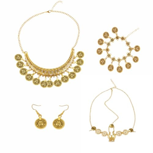 Moiuguli Wahrsagerin Schmuck Set, Bauchtanz Kostüm Damen Mit Vintage Coin Halskette Kopfkette Armbänder Ohrringe Gold, Indisch Zigeuner Kostüm Accessoires für Mottoparty Karneval