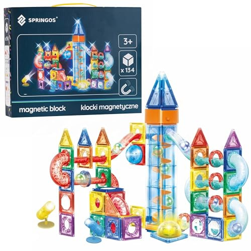 SPRINGOS Magnetische Kugelbahn 134er Set magnetisches Konstruktionsspielzeug mit Spiralaufzug, LED Kugeln, Rutschen, Kurven und Lichtmodulen, CE geprüft, kreatives Lernset für 3D Modelle