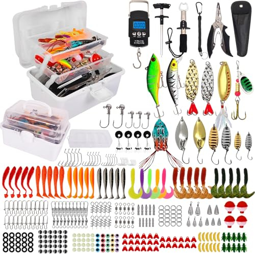 320-Teiliges Angelzubehör-Set,Komplette Angelausrüstung für Anfänger & Profis,Angelset mit Köder, Haken, Angelzange, Angelwaage,Angelkoffer mit Zubehör