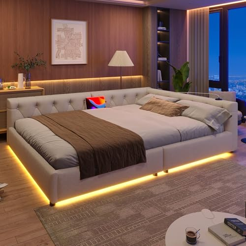 ECLIVON Schlafsofa Polsterbett 140x200 mit LED Lichtleiste & USB Typ C, Doppelbett Sofa Bett, Bodenbett Kopfteil mit Knopftuft, Tagesbett Bettgestell mit Lattenrost, Leinen, Ohne Matratze (Beige)