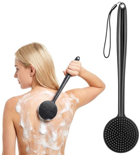 ElevateTech Silikon-Rückenbürste für Dusche Körperbürste mit langem Griff Doppelseitige Duschbürst Peeling-Badezubehör Rückenbürste für Damen und Herren mit Trageband Schwarz