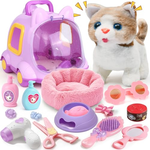vamei Katze Spielzeug Kinder, Interaktives Plüsch Katze Laufende Miauen mit Katzenkäfig Bett & Pflege Zubehör Set, Elektronisches Haustier Kuscheltier Kätzchen Geschenk für Mädchen 3 4 5 6 7 8 Jahre