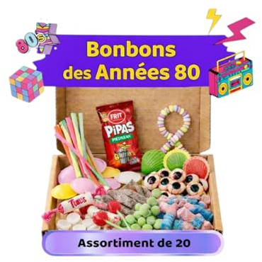 Assortiment de 20 Bonbons Rétro Années 80 – Saveurs de Notre Enfance – Boîte Cadeau Vintage