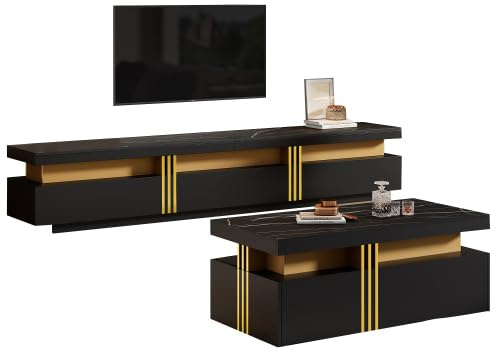 Ensemble mural TV et table basse - Moderne - Aspect marbre et éclairage LED - 100 x 50 x 40 cm - Avec 2 tiroirs et 3 armoires - Parfait pour les grands téléviseurs et le salon - Multifonction