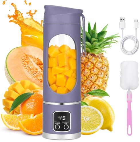 Personal Blender USB Rechargeable, 450ml Portable Juicer Blender, Upgraded Version, Fruit Mixer with 12 Blades Brush, Milkshakes Fresh Iced Drinks Protein Drinks for Home, Gym, Outdoor, Purple