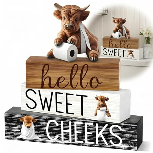 CAYLEKI Highland Cow Bathroom Ornament Set, 4-Piece Rustic Wooden Blocks | Playful farmhouse humour for country décor lovers, ideal on cloakroom shelves, vanity counters and guest washrooms