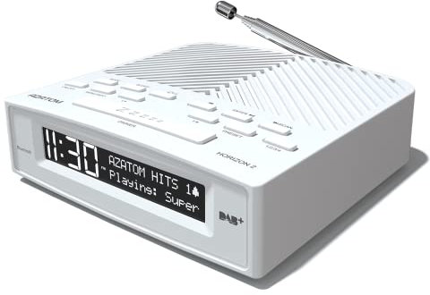 DAB/DAB+ & FM Bedside Digital Radio | Dual Alarms & Sleep Timer | USB Device Charging | Mains Powered | Bluetooth | Perfect for the Bedroom | AZATOM Horizon 2 (White)
