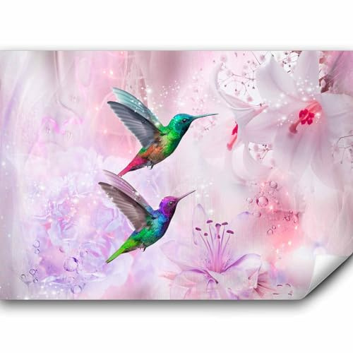 murando - Papier peint panoramique animal 300x210 cm - Revêtement mural décoration chambre salon - Design moderne - Gris violet rose vert - Fleurs violettes oiseaux plantes animaux g-B-0068-a-d