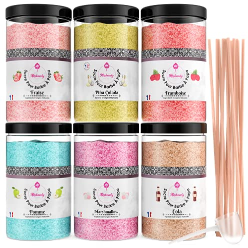 Misskandy®, Zuckerwatte Zucker (Natürliche Aromen und Farbstoffe) / set (6 * 300Gr): Erdbeere/Piña Colada/Apfel/Marshmallow/Cola/Himbeere/zucker für zuckerwattemaschine /+ 50 Stäbchen