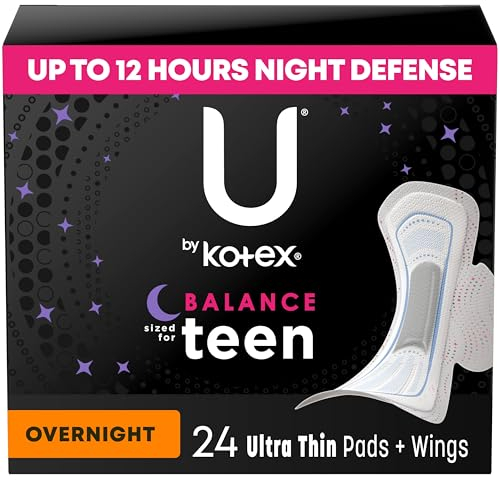 U by Kotex Ultradünne Damenbinden für Teenager mit Flügeln, Übernachtungsschutz, geruchlos, 24 Karat, 24 Stück