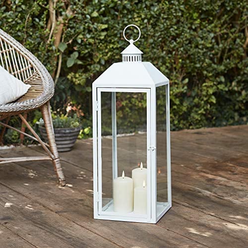 Lights4fun Lanterna Grande di 59 cm in Metallo Bianco con TruGlow® Candele LED Fiamma Tremolante a Pile con Timer per Interni ed Esterni Decorazione da Giardino con Telecomando