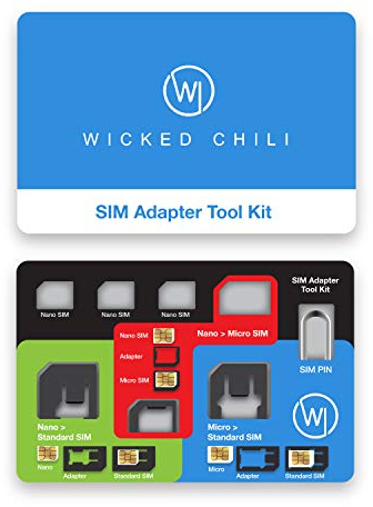 Wicked Chili 8in 1 - Juego de adaptadores de tarjetas SIM Nano a Micro y tarjetas estándar + pin para tarjeta SIM para móvil, tableta, router WLAN, LTE Router de viaje, Surfstick(con estuche de viaje)