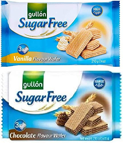 Gullon Sugar Free Wafer Biscuits 10 x 210g Packs - Variety (5 x Vanilla + 5 x Chocolate)