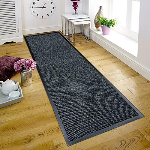 TrendMakers Large Big CHARCOAL Heavy Duty Black PVC Edge Pile Top Rubber Barrier Entrance Door Kitchen Utility Dust Floor Hall Hallway Runners Mats Rugs 90cm x 150cm | POLYPROPYLENE PILE