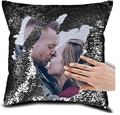bomei Magisches Pailletten-Kissen, Meerjungfrauenkissen, personalisiertes Foto, wendbar, Flip-Pailletten, individuelles Foto mit Ihrem persönlichen Foto, Text oder Logo, 40 x 40 cm, Schwarz