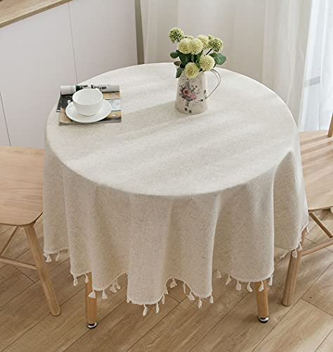 DSKK Runde Tischdecke mit Fransen Tischdecke aus Baumwolle und Leinen Picknick-Tischdecke Multifunktionale Tischdecke für den Innen- und Außenbereich (Nicht-gerade Weiss,Rund 150cm)