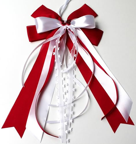 CaPiSo 20x35cm Geschenkschleife OHNE BASTELN Fertigschleife fertig gebunden Geburtstag Geschenkschleife Dekoschleife Schleife Hochzeit Herzen Schultütenschleife Rot-Weiss (End 01)