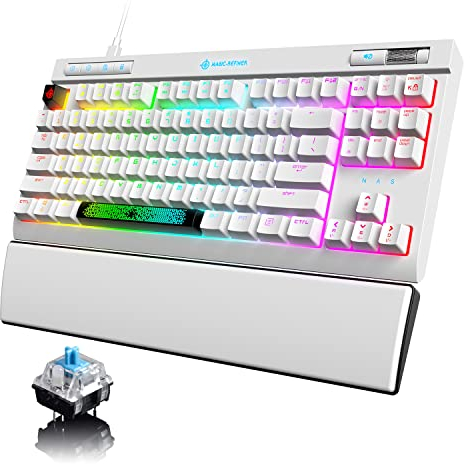 ZIYOU LANG Mechanical Gaming Keyboard,87 Keys Chroma RGB LED Backlit,White Computer Keyboard,PU Wrist Rest,Multimedia Keys,Anti-ghosting Keys,Waterproof Light Up USB Wired Keyboard for PC Mac Xbox