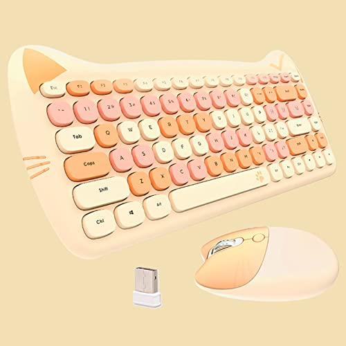 Ensemble clavier et souris sans fil, motif chat mignon, clavier et souris kawaii pour filles et enfants, touches colorées insonorisées, compatible avec ordinateur portable, PC (MilkTea-84Keys)