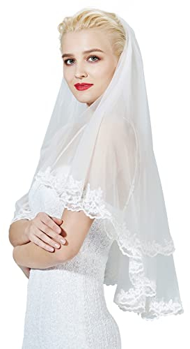 BEAUTELICATE Brautschleier Hochzeitsschleier Schleier Blusher mit Spitze für Braut Hochzeit Kurz Weiß Elfenbein Ivory Mit Metall Kamm 2 Schicht