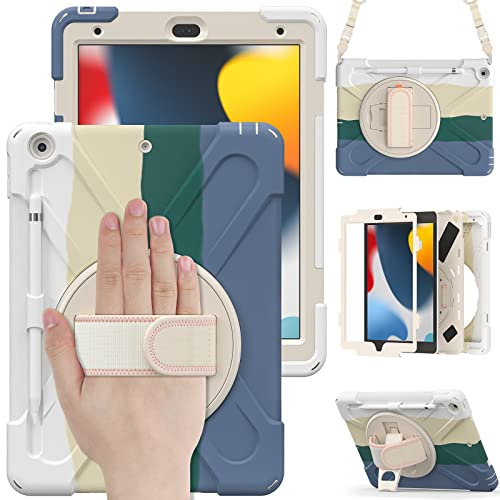 UFinetech Funda iPad 9 Generacion, Funda iPad 10,2 2019, Funda iPad 7ª/8ª con Soporte Giratorio 360, Correa de Mano/Hombro, Soporte Lápiz, Funda Antichoque Niños iPad 2021/2020/2019, Verde Colorido
