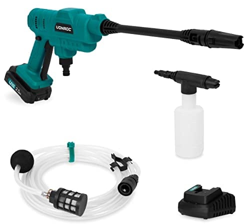 VONROC Hidrolimpiadora compacta sin Cable 20V - 24bar - 198 l/h – Incl. Manguera de aspiración de 5m, Botella de detergente y Boquilla pulverizadora Ajustable – con batería de 2.0Ah y Cargador rápido
