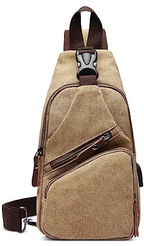 VARLIVOO Retro Canvas Brusttasche Herren Sling Bag mit USB-Ladeanschluss Umhängetasche Schultertasche Klein Anti-Diebstahl Sling Rucksack Outdoor Crossbody Pack für Sport Reisen Wandern Khaki