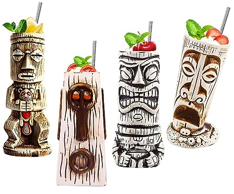 Morlinca Tiki Mugs–Tiki Becher 4er Set–Keramik Tiki gläser Cocktailgläser Tiki Bar deko Tiki Cocktail Party–Tiki Themed Parties–Halloween Parties–Hawaiianische Party,A5