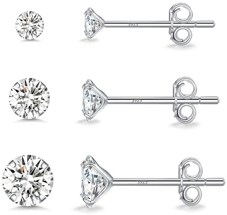 Shuxin Sterling Silver Stud Earrings for Women, Set of 3 Pairs Small Diamond Earrings, Tiny Cubic Zirconia Stud Earrings Set Hypoallergenic Sleeper Earrings 3, 4, 5mm