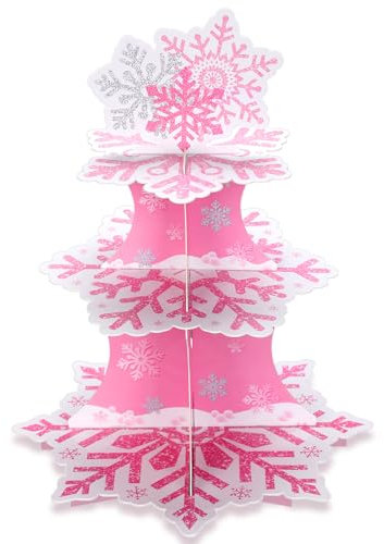 Zopeal 3 Tier Snowflake Cupcake Stand Winter Cake Stand Winter Dessert Tower Cupcake Tray Holder Snowflake Cake Stands for Birthday Party Christmas Holiday Decoration Supplies(Pink)