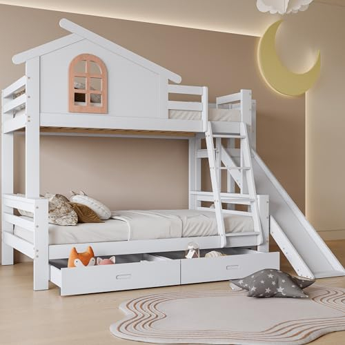 Kehun Kinderbett Etagenbett 90x200 & 120x200, Kinder und Mutterbett mit Rausfallschutz und Stauraum Schubladen, Hochbett Hausbett mit Rutsche und Fenstern, Holzbett mit lattenrost, Weiß, ohne Matratze