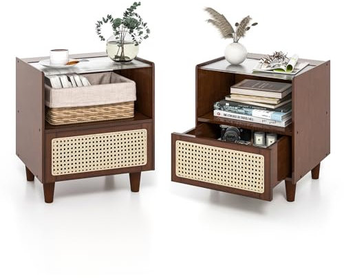 COSTWAY Nachttisch Rattan 2er Set, Nachtschrank aus Bambus mit Schublade, Beistelltisch mit Glastischplatte und offenem Fach, Sofatisch, Boho-Nachtkonsole für Schlafzimmer, Wohnzimmer, 43 x 35 x 50 cm