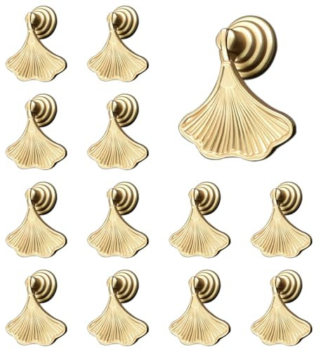 MOROBOR Ginkgo Leaf Shape Knob Handles, 12 PCS Golden Drop Pendant Pull Handle,Hardware Drawer Single Hole Handle for Wardrobe Cupboard Closets Cupboard