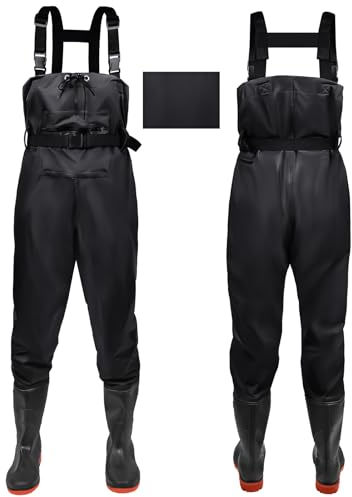 IEEILULU Wathose Herren Damen, Nylon Anglerhose mit Stiefel, rutschfest wasserdichte Watthosen Atmungsaktive Wathose mit Stiefeln, Watstiefel Hose für Sport Angelliebhaber (Schwarz, 47)