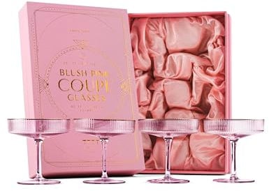 GLASSIQUE CADEAU Lot de 4 verres à cocktail vintage Art déco rose pâle avec bords dorés | 200 ml | Verrerie à cocktail nervurée en cristal pour boire du champagne, du martini, du cosmopolitan |