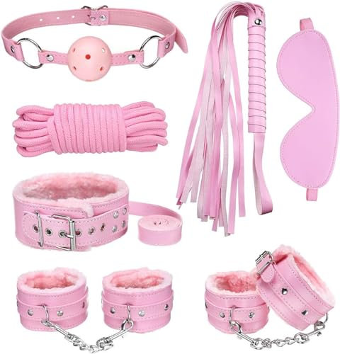 Sex Bondage BDSM Kit Fesseln, 7 Stück Bondage Fesseln Set Fetisch Bett Fesseln Kits Handschellen Flogger Seil Kragen Augenbinde SM Erwachsene Spiele für Frauen Männer und Paare Sexspielzeug (Rosa)