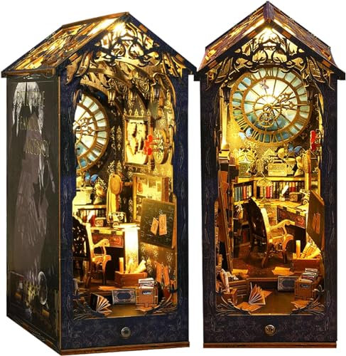 QGKPL DIY Book Nook Kit, DIY Miniature Dolls House Kit with Furniture and LED Light, 3D Puzzle Wooden Art Bookends, Model Kits for Adults to Build