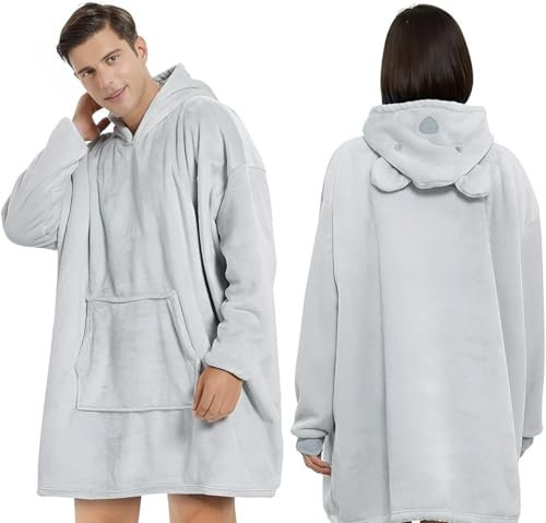Oversized Kapuzenpullover-Decke mit Ärmeln - Kuscheliger Hoodie mit Panda-Design, Zweilagiger Fleece-Pyjama für Damen und Herren, Bequemer Cosplay-Look, Pflegeleicht und Warm (Grau, L)