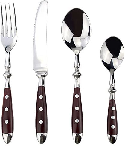 Besteck-Sets, 24-teilig, klassisch, elegant, Griff aus Kunstharz mit Nieten, Edelstahl, Western-Besteck, 4-in-1-Set, feine Utensilien, Essgeschirr für Zuhause, Edelstahl (schwarz) (24-teilig, Wei