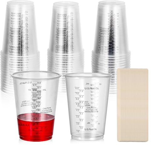 JIZZU Vasos Mezcladores de Pintura, 50Pcs Jarra Medidora con 50Pcs Varillas Agitadoras de Madera, Vaso Mezclador Batidora Graduados, 240ML Vaso Medidor Cocina(Transparente)
