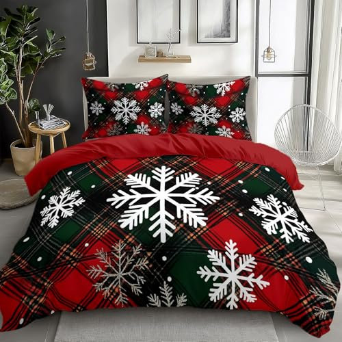 Parure de Lit Enfant Réversible Flocons de neige à carreaux de Noël, Housse de Couette avec Fermeture Éclair 140 x 200 cm + 2 Taie d'Oreiller - Housses de Couettes Fille Garçon 1 Personne, Rouge