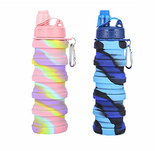 DONGTATA 2Pcs Silicone Collapsible Water Bottle Reusable Portable Foldable Water Bottles BPA Free Safe and Heathy Leak Proof for Sports Hiking Trip and Camping Collapsible Water Bottle for Kids Sport