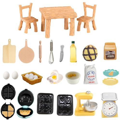 Wichtel Zubehör 29 Sets,Miniatur Küche Puppenhaus Zubehör für Wichteltür Weihnachten Deko 1/12 mit Miniatur Deko Tisch,Stühle,Schneebesen Set,Eier,Nudelholz, Mehlbeutel, Weihnachten Küche Zubehör